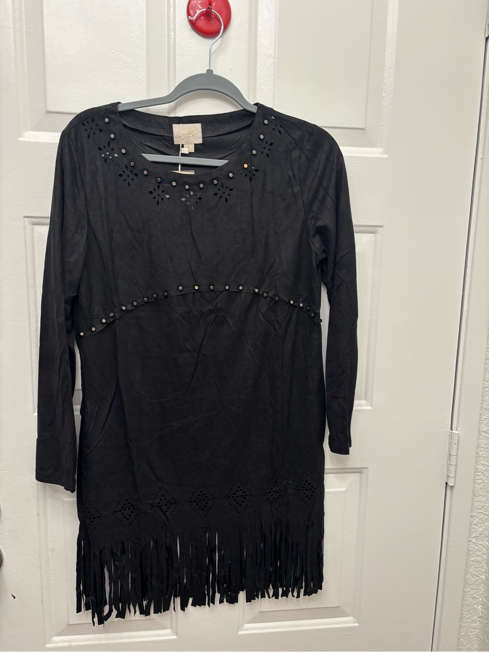 Neslay Design  Faux Suede Fringe Long Sleeve Dress Studded Western Boho